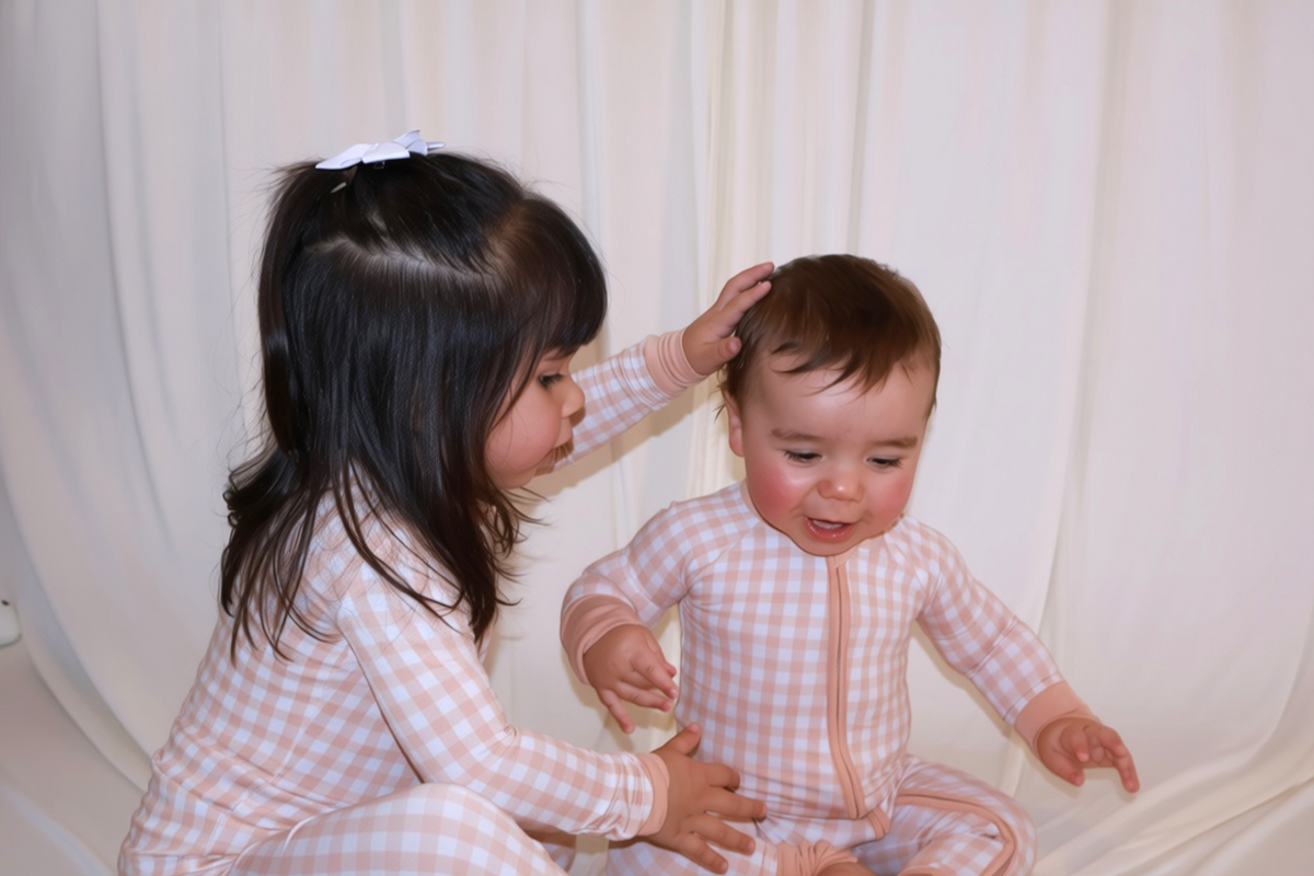 Child in Goodnight Goose green gingham bamboo pajamas, from the sibling matching collection.