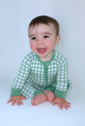 Baby wearing the Goodnight Goose green gingham bamboo zipper romper.